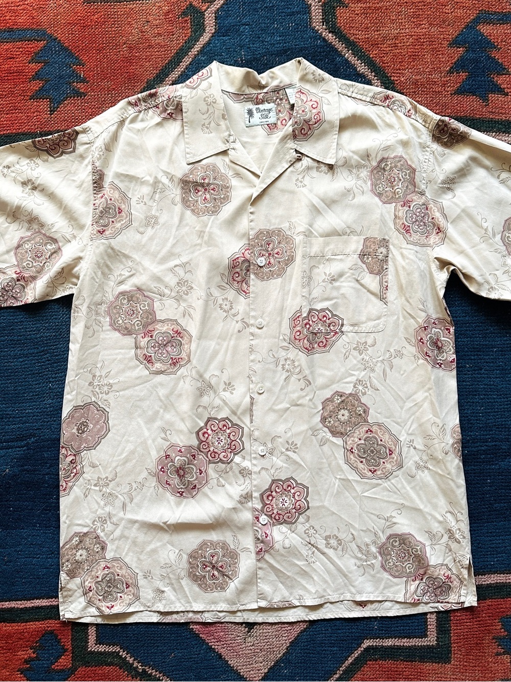 Vintage Beige Floral Short Sleeve Button-Down Shirt